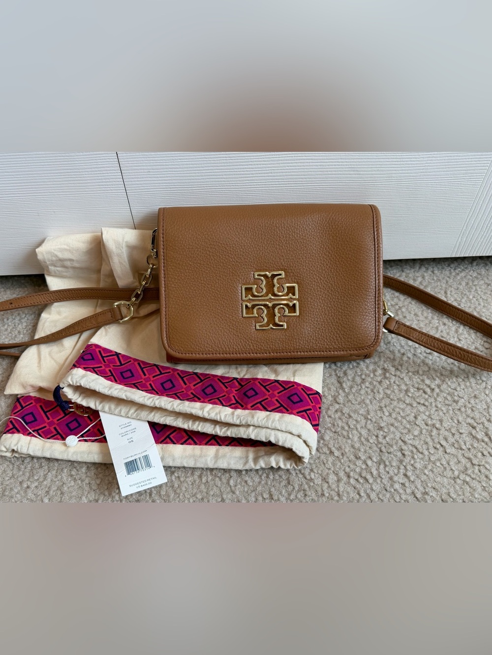 Tory Burch Caramel Tan Leather Crossbody with Gold Logo